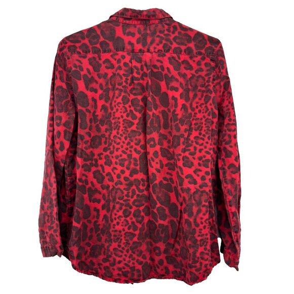 SANDRO French Red Leopard Print Buttoned Down Maximalist Animal Shirt sz 2 M - Picture 2 of 5